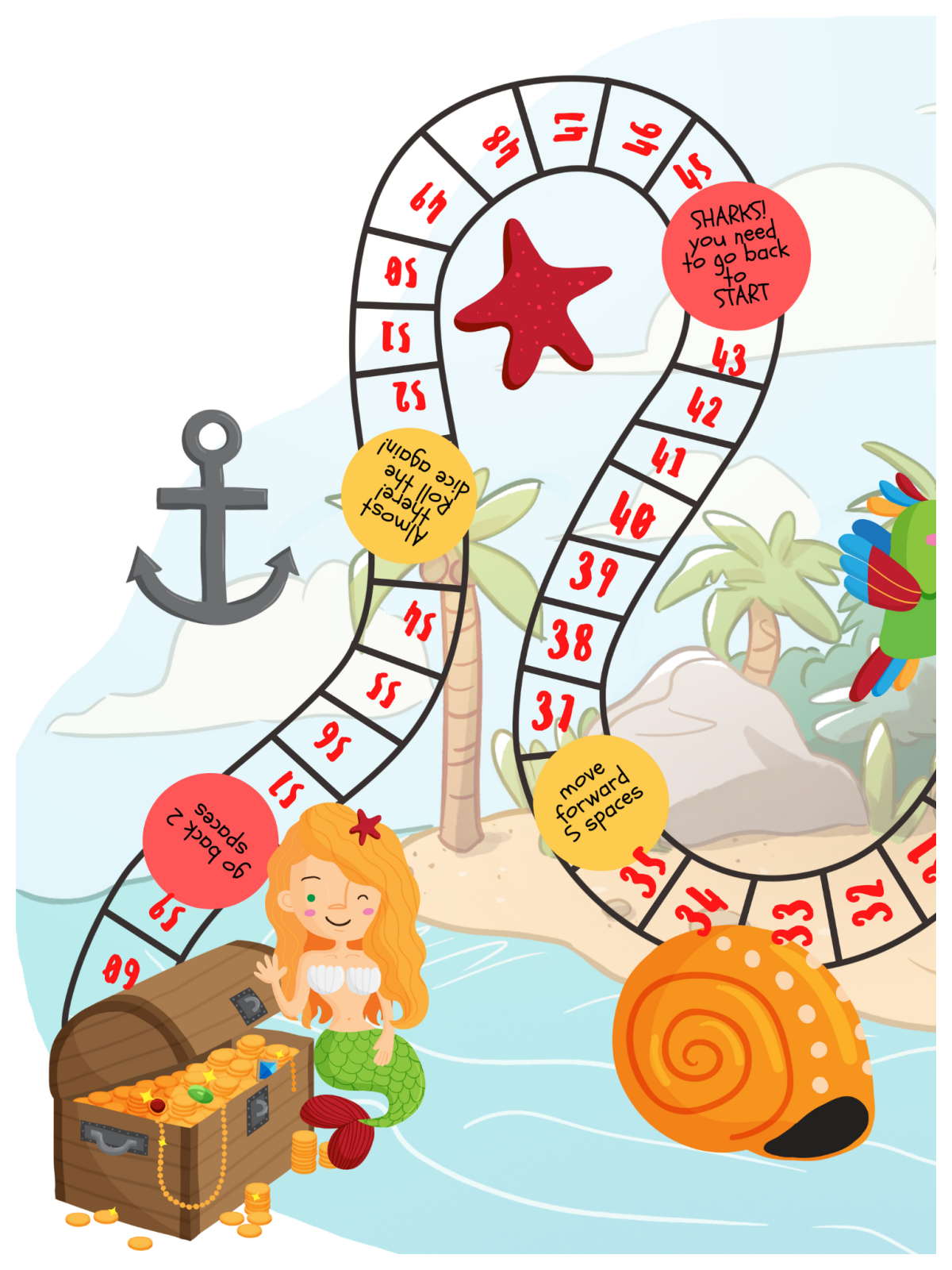 Pirates and Mermaid Game- game board with anchor and mermaid, treasure, shell, and island background - Kids Activities Blog
