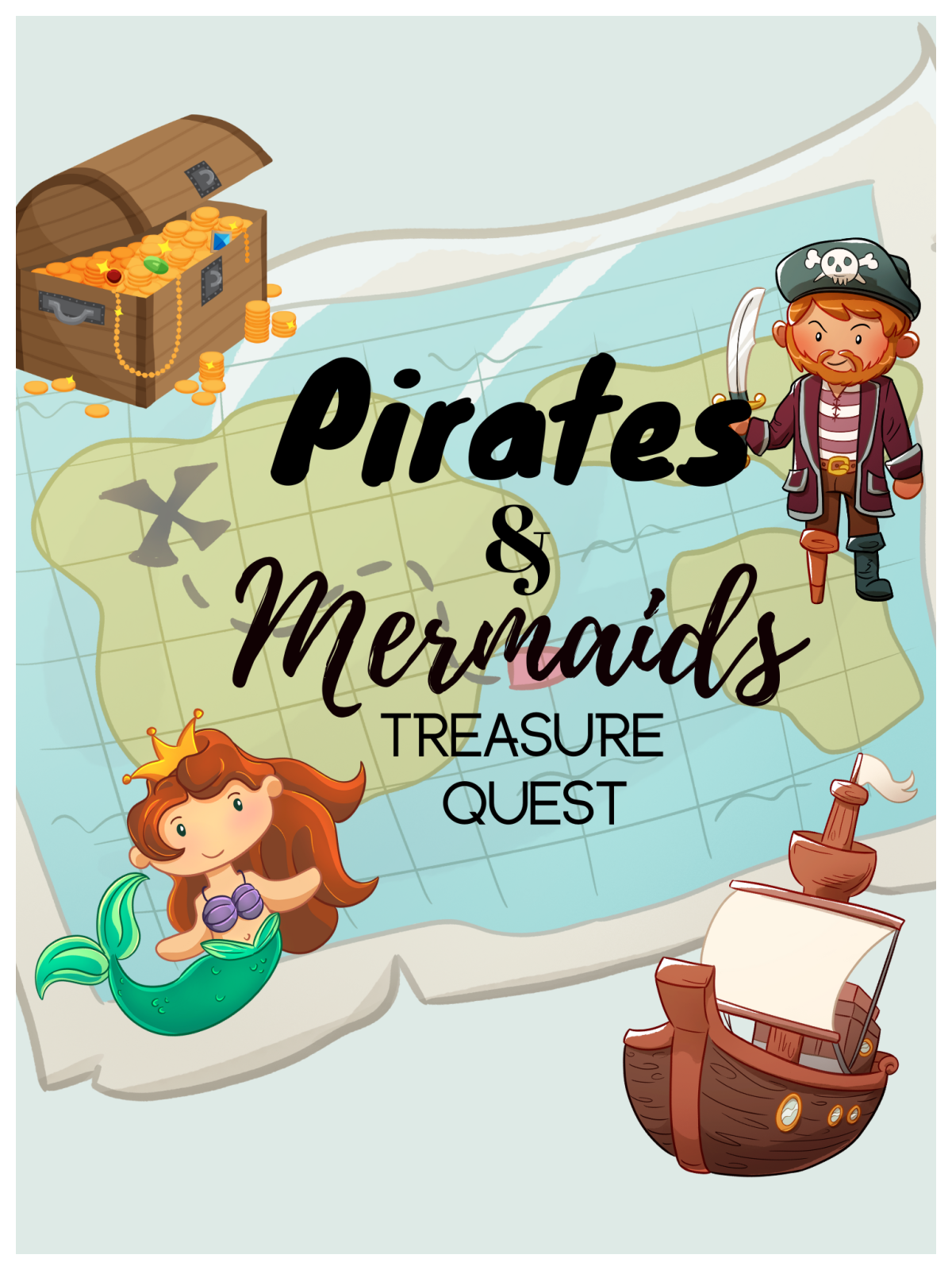 Pirates and Mermaid Game- Cover with text, a map, characters, boat and treasure - Kids Activities Blog