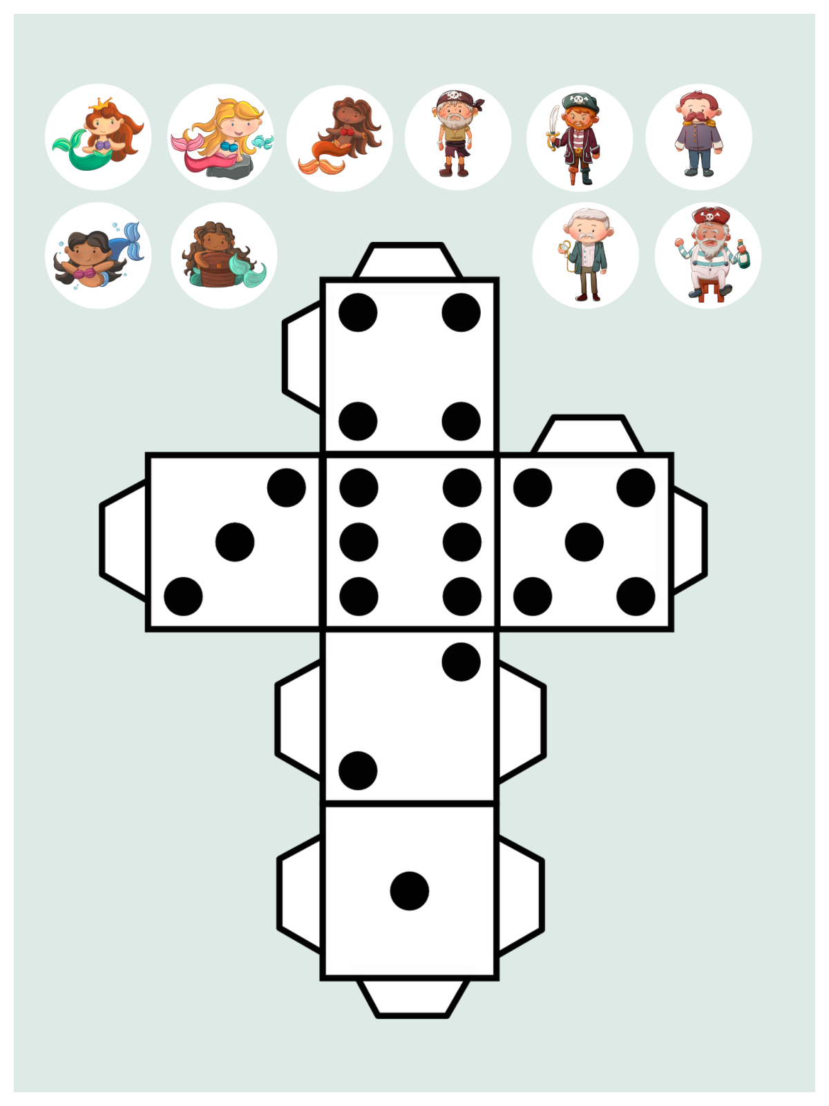 Pirates and Mermaid Game- dice template black and white and colorful tokens of mermaids and pirates - Kids Activities Blog