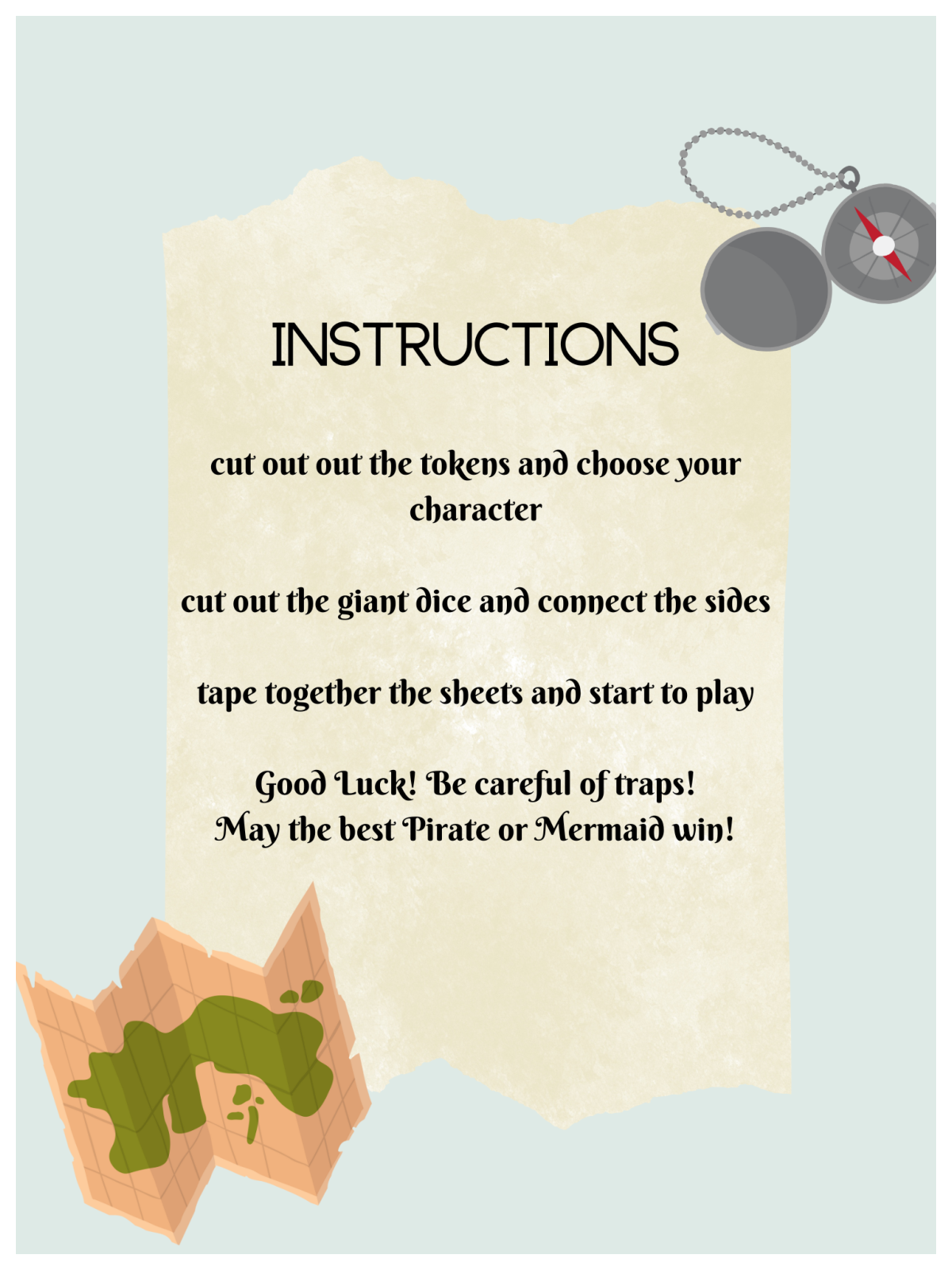 Pirates and Mermaid Game- Instructions on parchment with text a compass and map - Kids Activities Blog