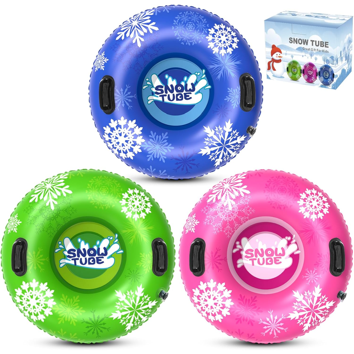 Snow Toys - blue green pink snow tubes with snowflakes on them - Kids Activities Blog