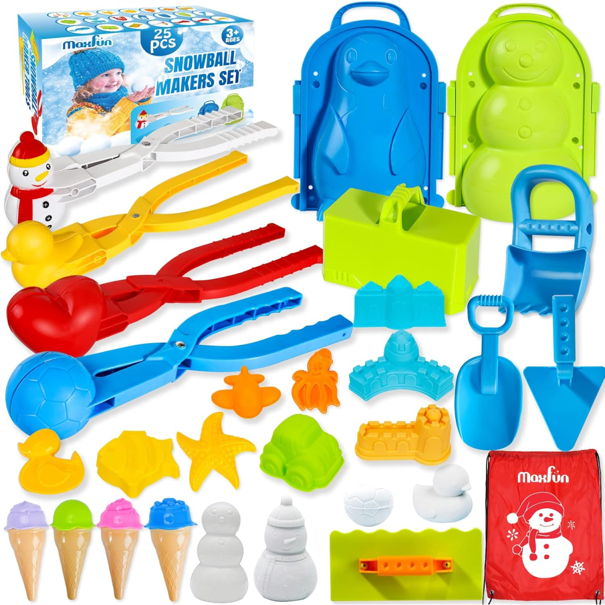 Snow Toys - red, yellow, blue green 25 piece snow molds and shovels - Kids Activities Blog