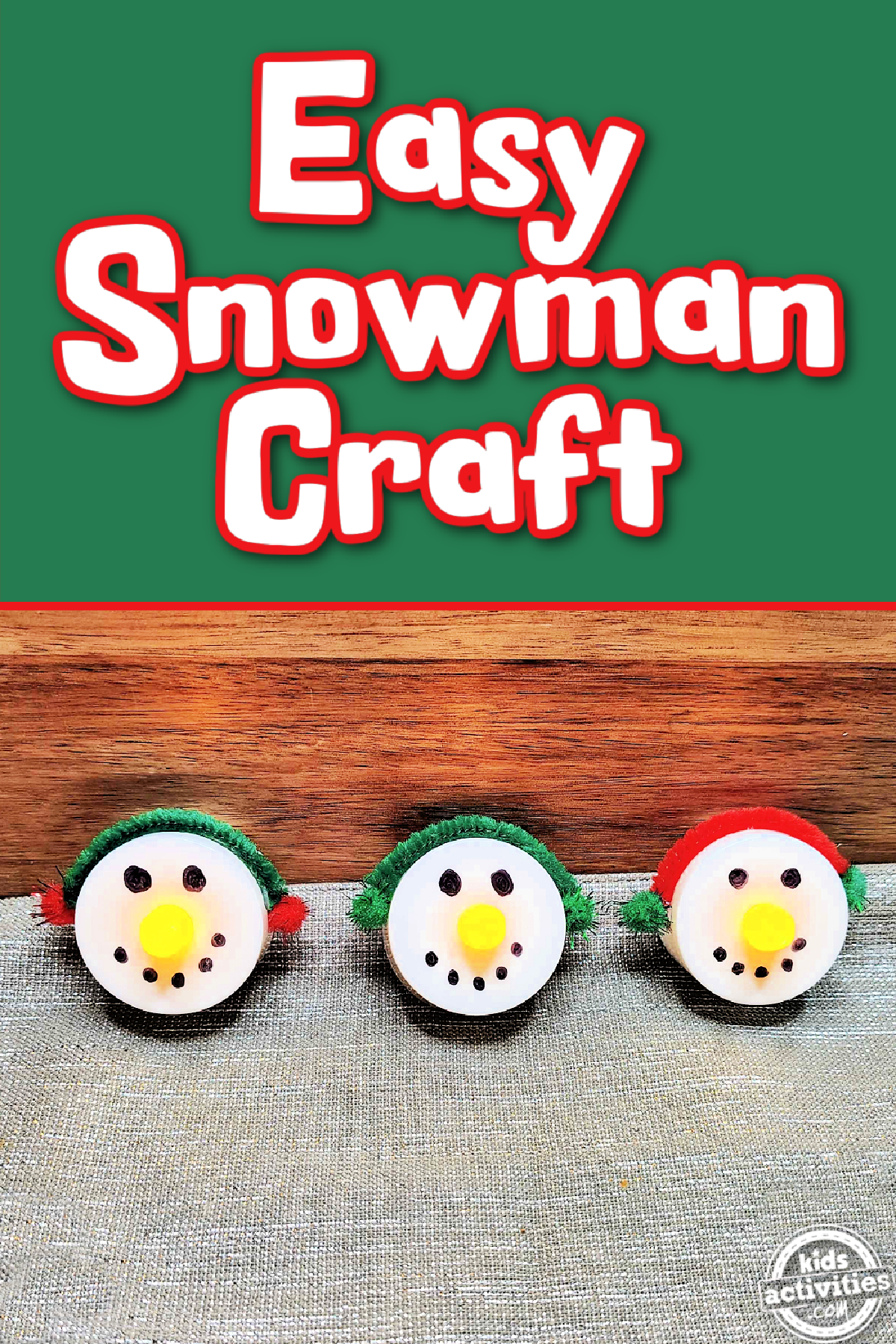 Snowman craft- LED light snowmen against a silver and wood background- kids activities blog