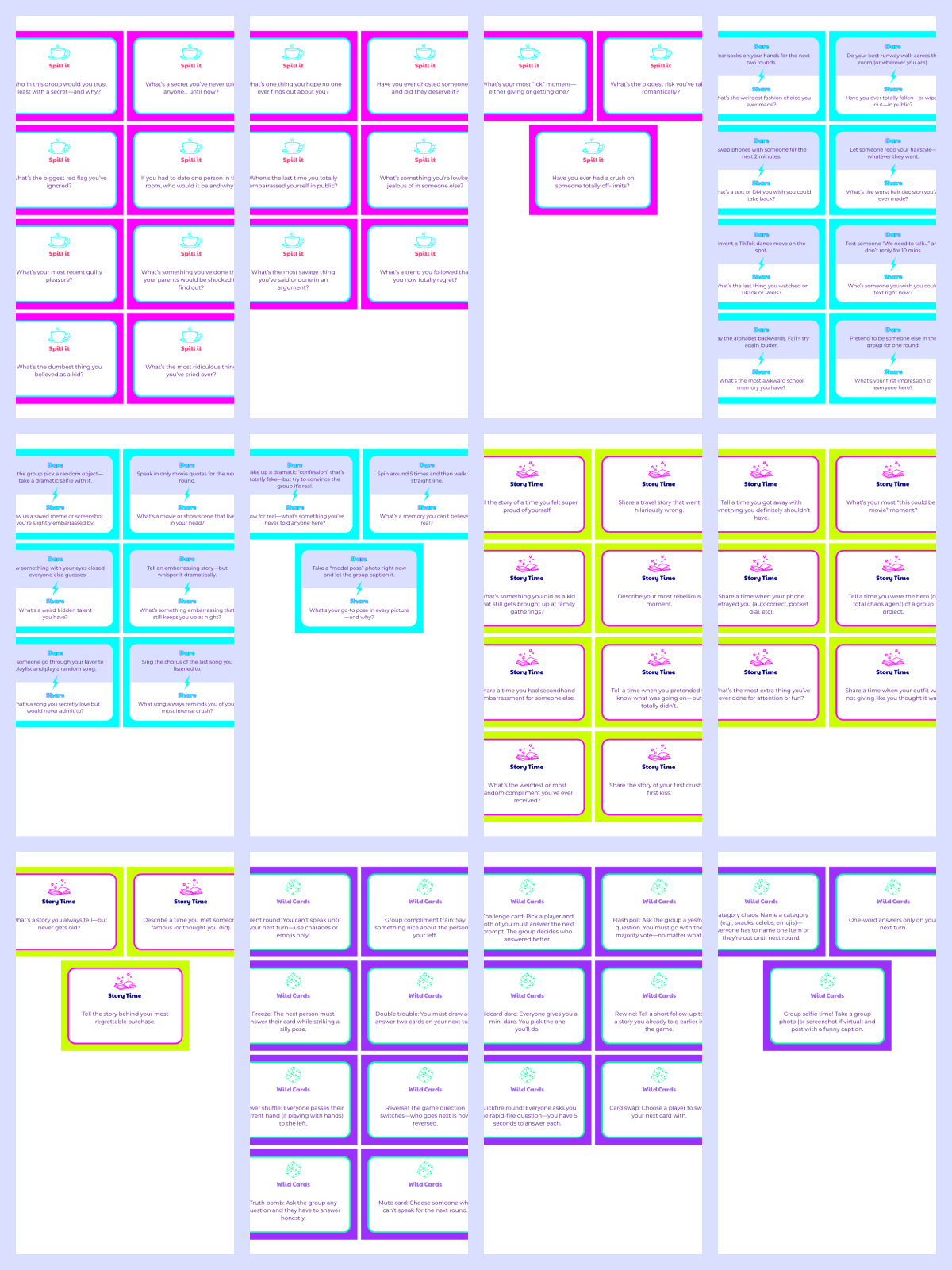 Spill the tea printable cards pink, blue, yellow, purple- kids activities blog