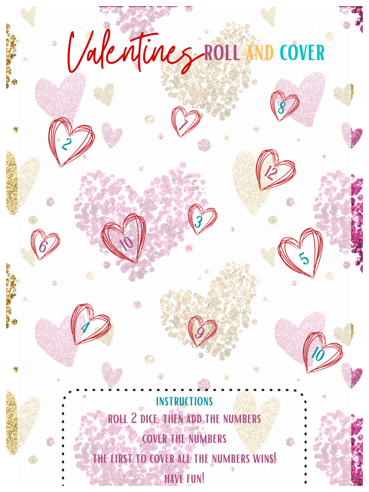 Valentines Day Activity Sheets- hearts with numbers and gold and pink hearts with text- Kids Activities Blog