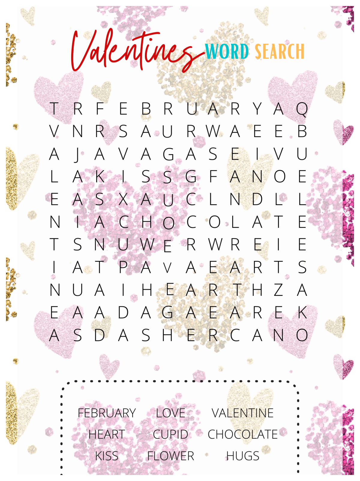 Valentines Day Activity Sheets- word search with letters and words and pink and gold hearts - Kids Activities Blog