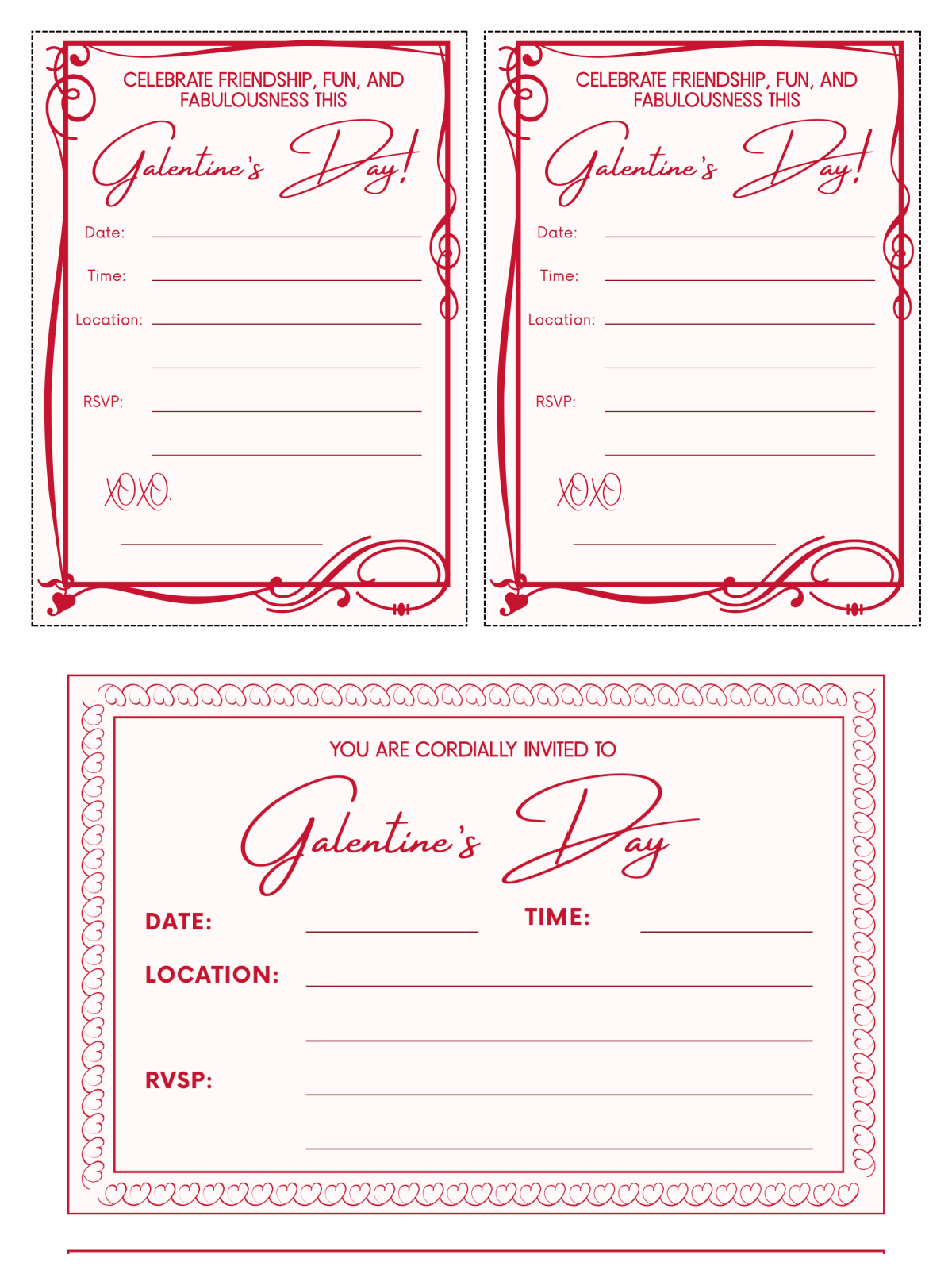 Galentine's Day- invitations, pink with hearts and text - Kids Activities Blog