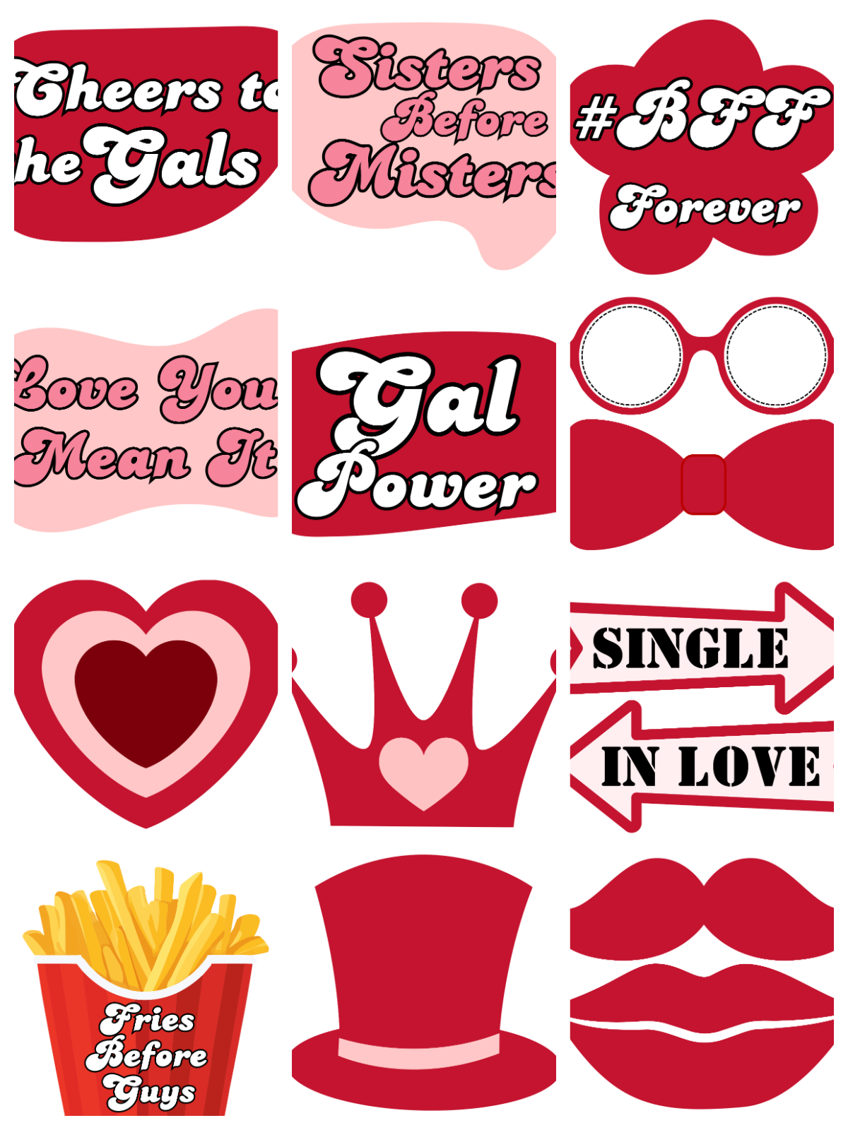 Galentine's Day- Red and pink text and images for photo booth- Kids Activities Blog