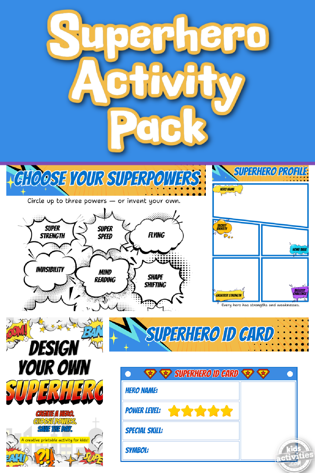 Make A Superhero- Printables with blue and text- kids activities blog