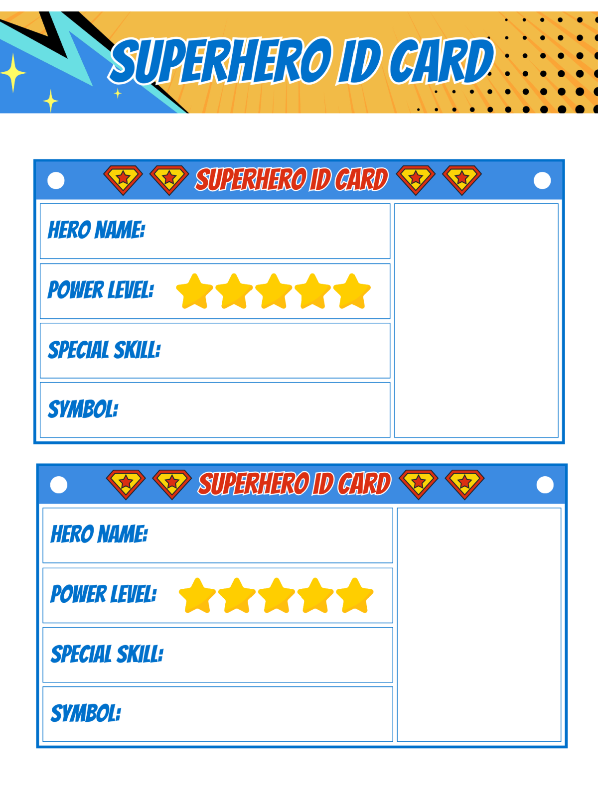 Make Your Own Superhero- Super hero id cards with stars spaces and blue outline- Kids Activities Blog