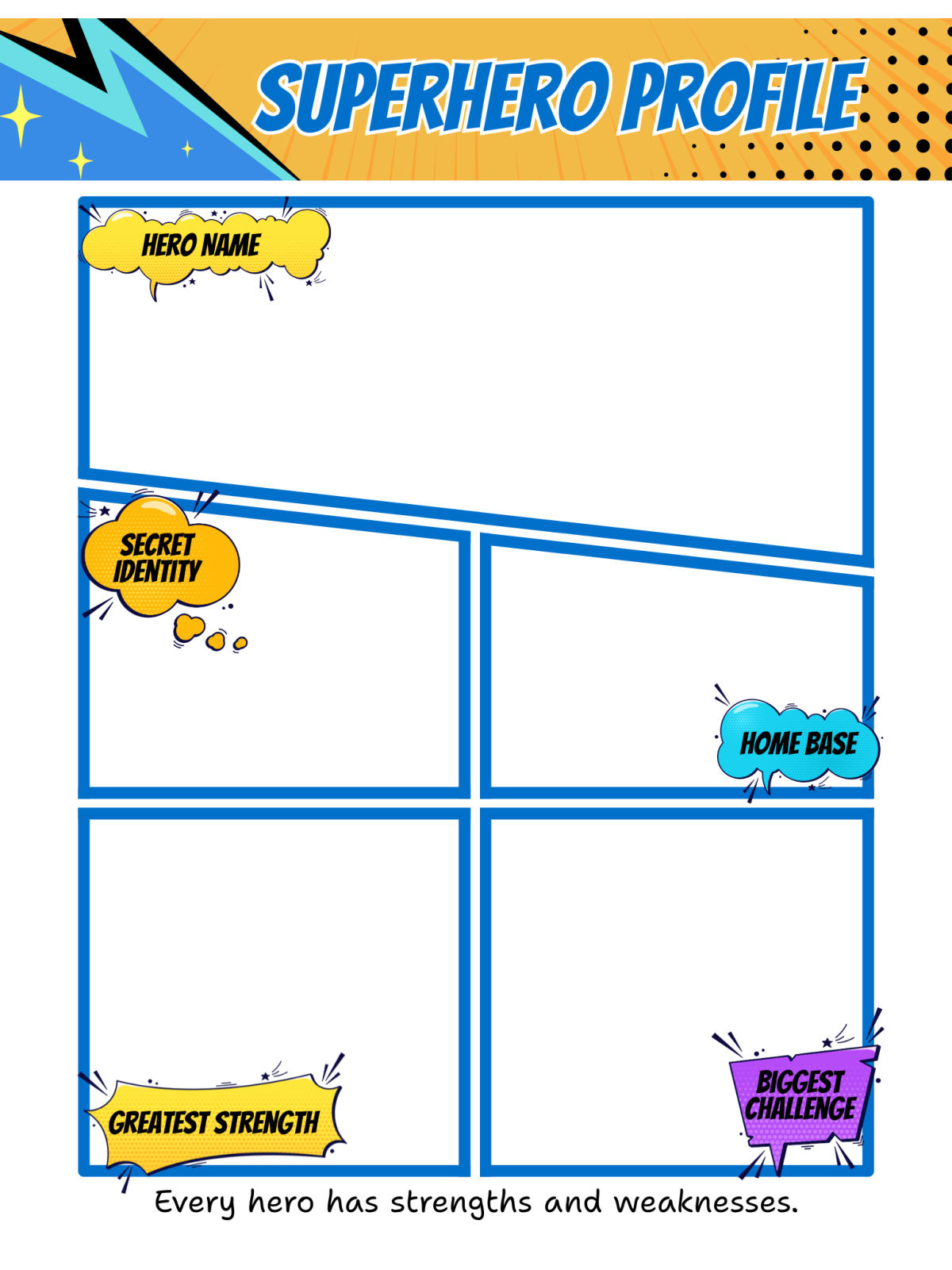 Make Your Own Superhero- Profile boxes with blue, purple, yellow, orange, and an electricity- Kids Activities Blog