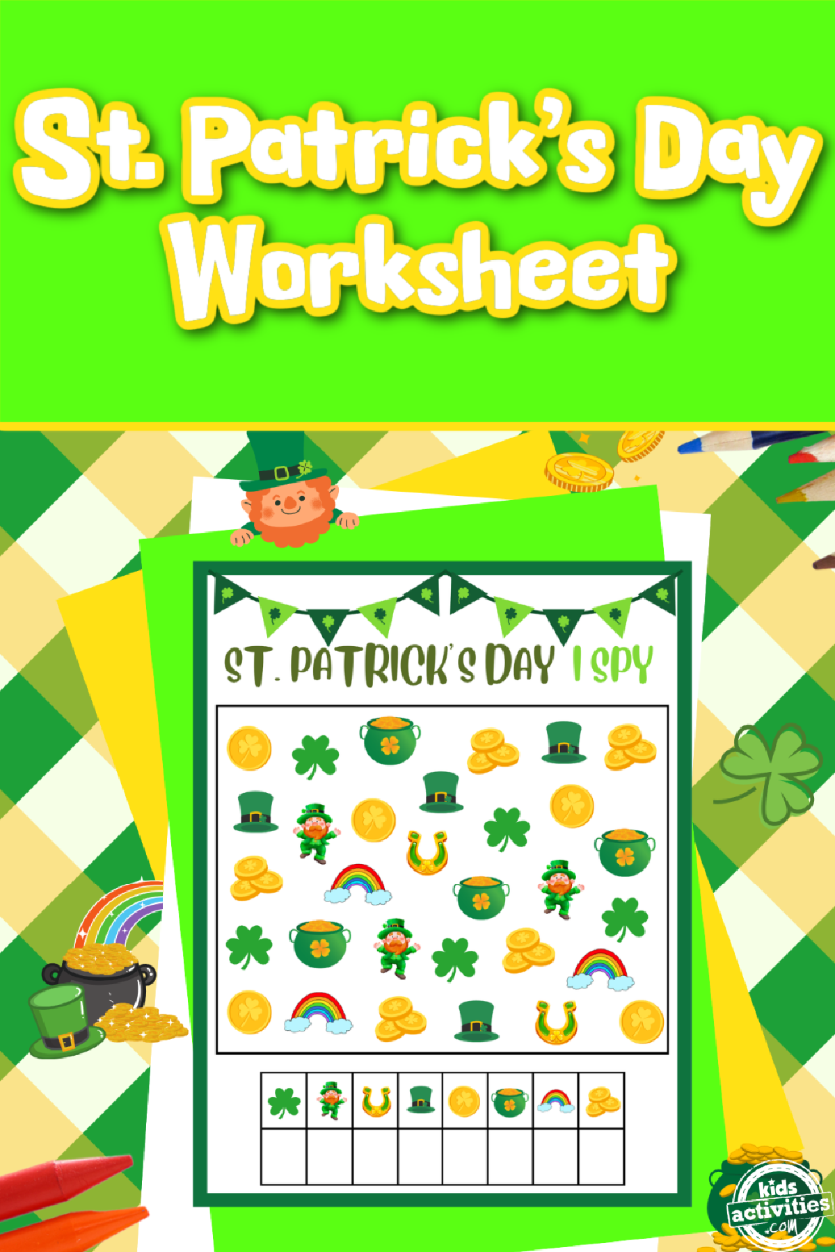 St. Patrick's Day- Printable I Spy worksheet printed pdf file with leprechauns, gold, rainbows, green and yellow and white- kids activities blog