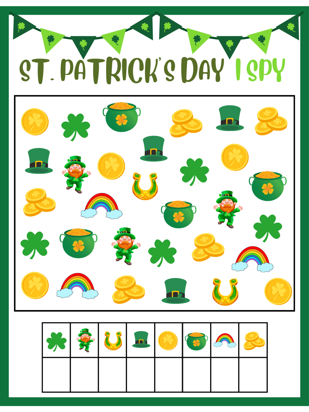 St. Patrick's Day I Spy printable with text, shamrocks, leprechauns, horseshoes, hats, gold, pot of gold, and rainbows- kids activities blog