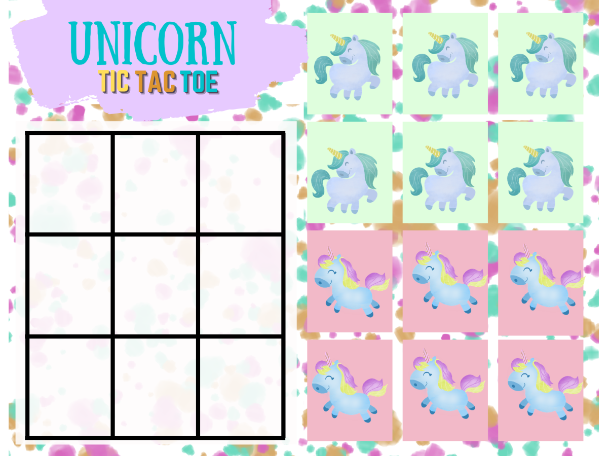 Unicorn Tic Tac Toe- with unicorns and game board green and pink- kids activities blog