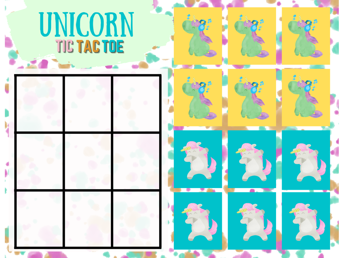Unicorn Tic Tac Toe- with unicorns and game board yellow and blue- kids activities blog