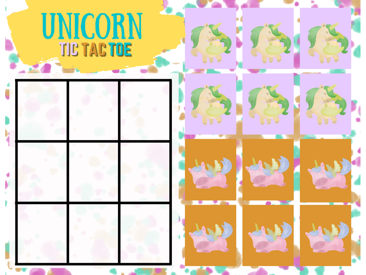 Unicorn Tic Tac Toe- with unicorns and game board purple and orange- kids activities blog