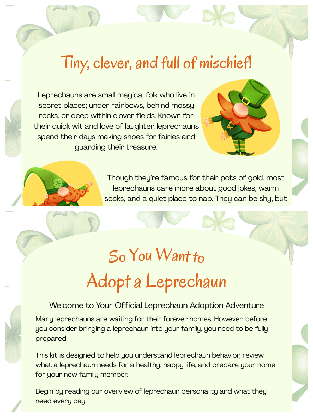 Leprechaun Adoption Kit - Text on green pages with shamrocks and leprechauns- Kids Activities Blog