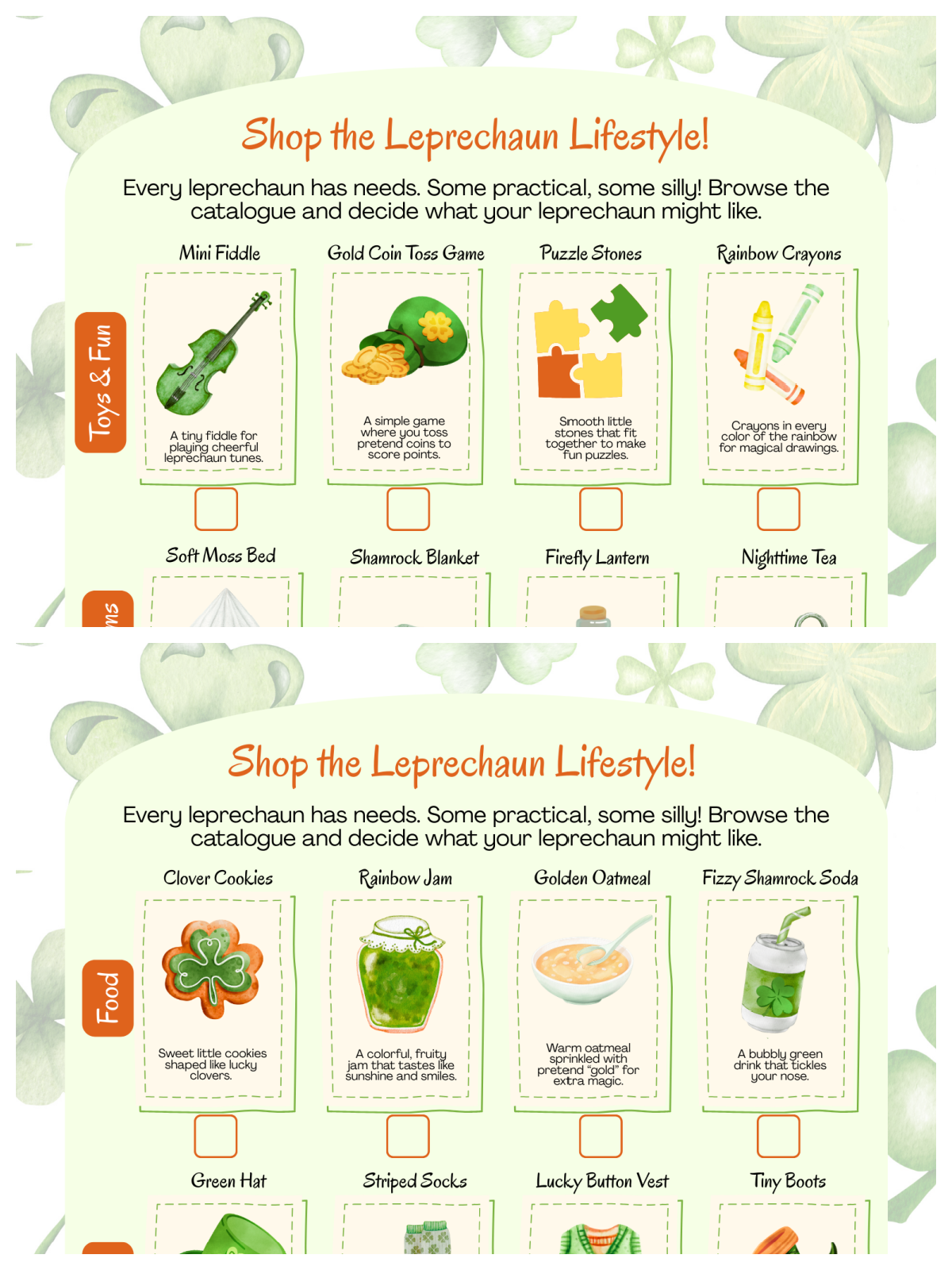 Leprechaun Adoption Kit - Shopping list with images and text and shamrocks- Kids Activities Blog