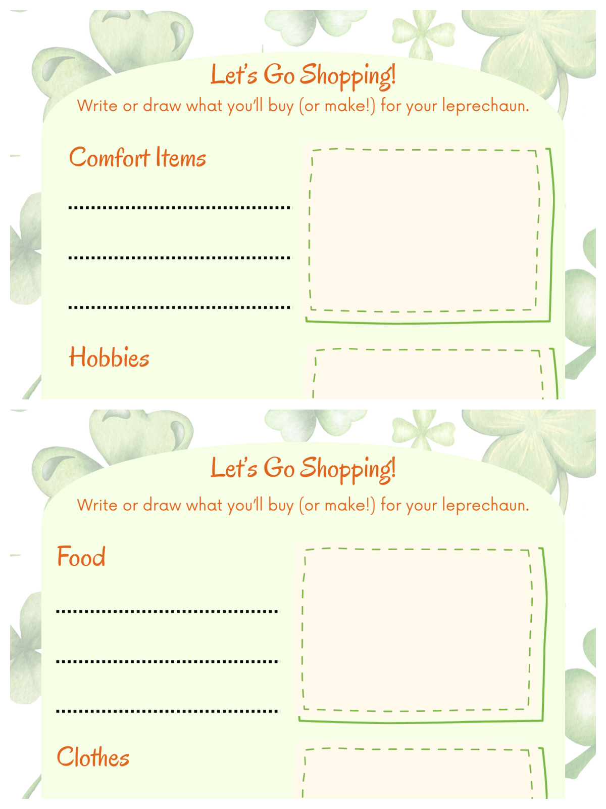 Leprechaun Adoption Kit - Shopping list with text and blank boxes- Kids Activities Blog