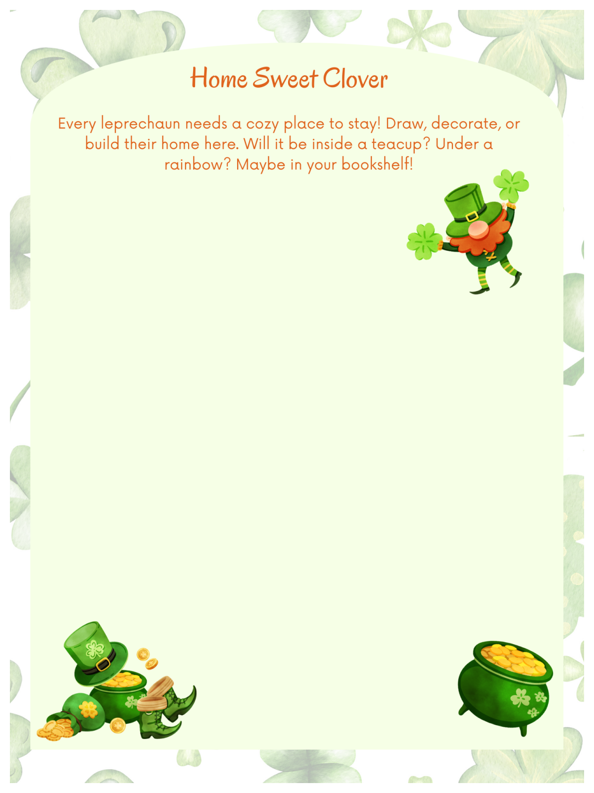 Leprechaun Adoption Kit - Blank with text shamrocks and gold, and leprechauns- Kids Activities Blog