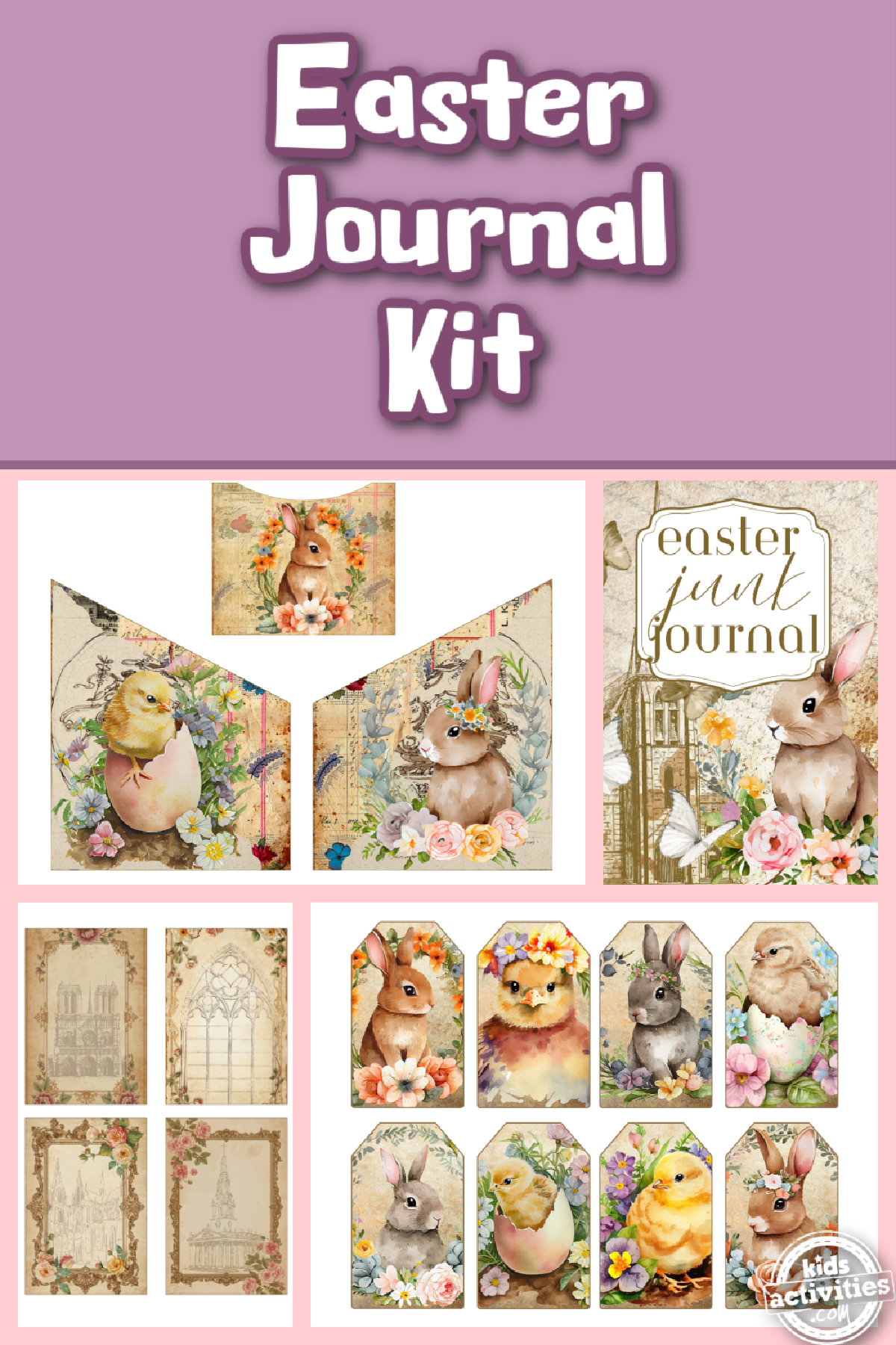 Easter Journal Kit- printables with bunnies on pink and purple background with text- Kids Activities Blog