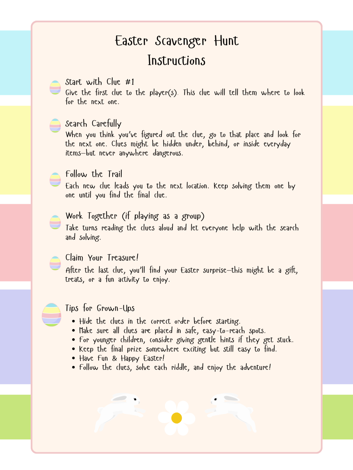 Easter Scavenger Hunt - instructions with colorful border and text- Kids Activities Blog