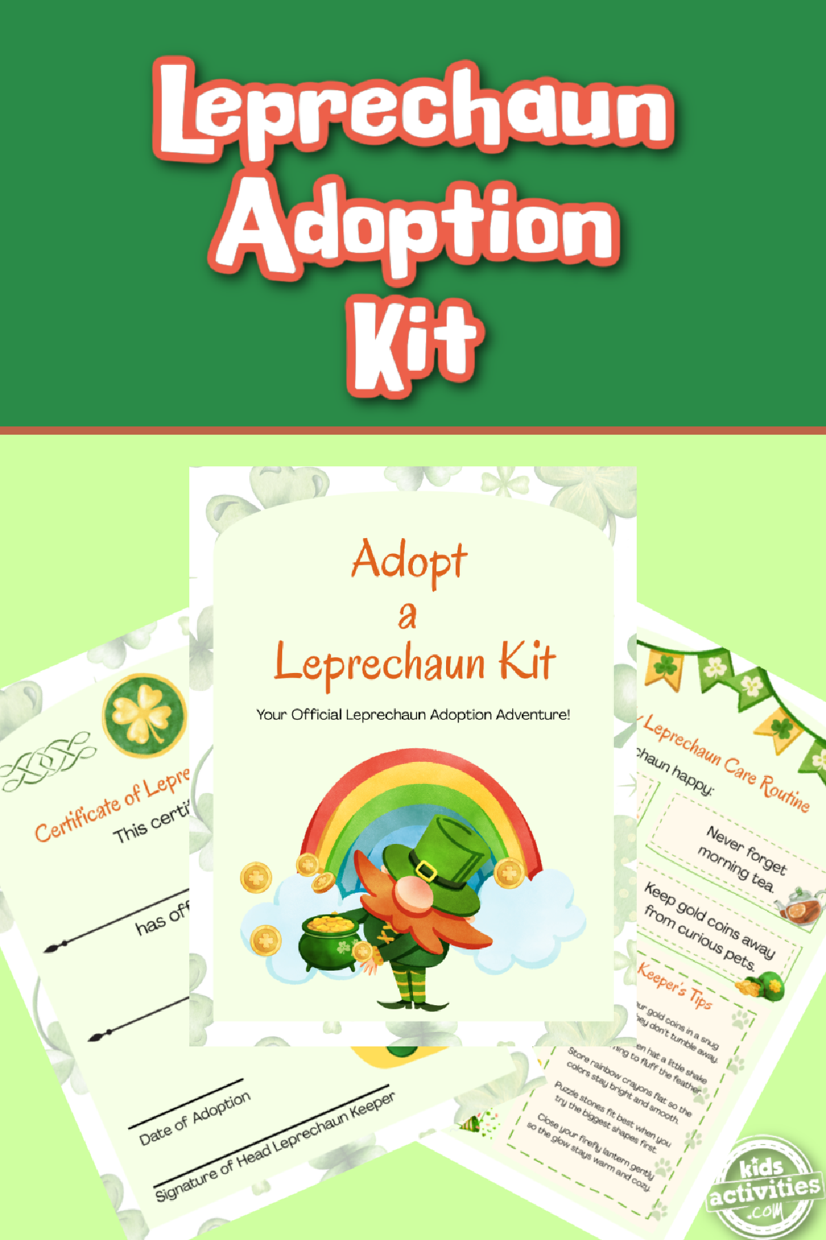 Leprechaun Adoption Kit- printables with green and text- kids activities blog