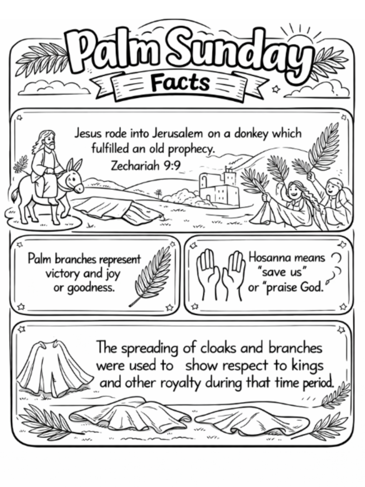 Palm Sunday Worksheets- Page 1- black and white printed pdf file with text and images- Kids Activities Blog