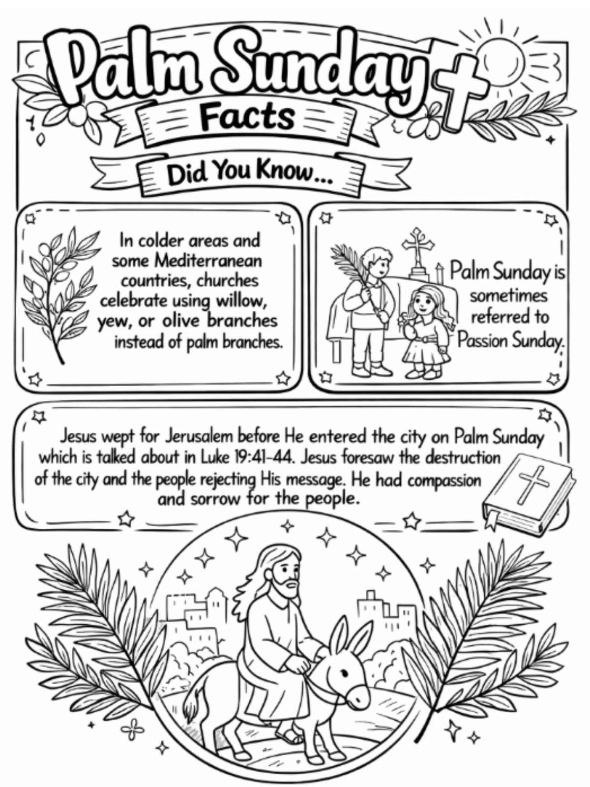 Palm Sunday Worksheets- Page 2- Black and white printed pdf file with text and images -kids activities blog