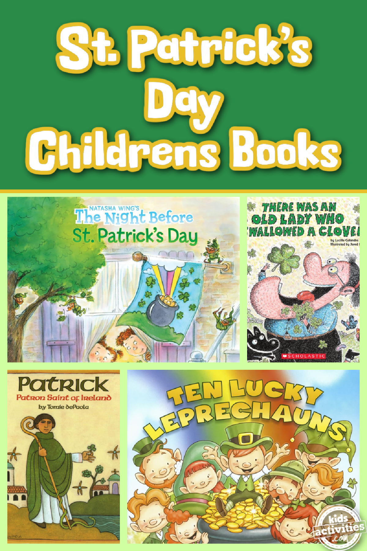 St. Patrick's Day Books- books with images and text and green background - Kids Activities Blog