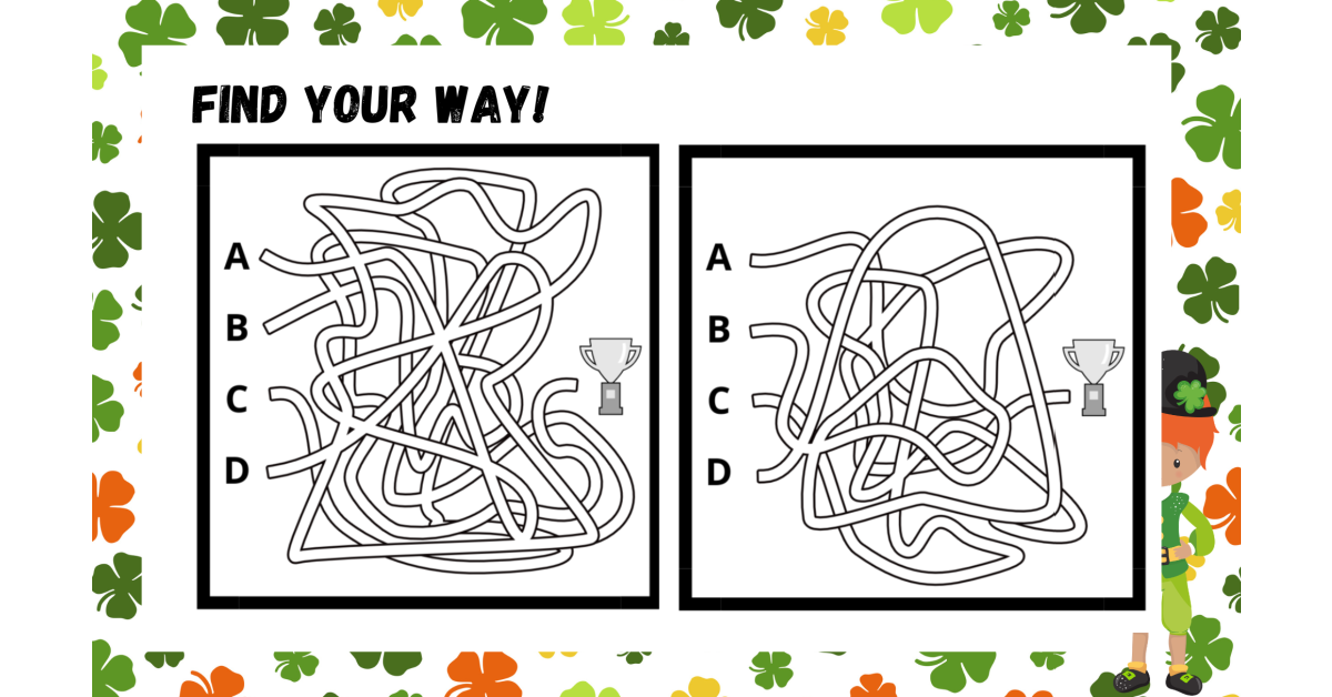 St. Patrick's Day Placemat Printables- 2 mazes text and shamrocks - Kids Activities Blog