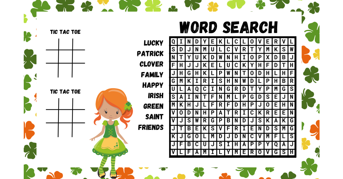 St. Patrick's Day Placemat Printables- Word search and tik tac toe with girl and shamrocks- Kids Activities Blog