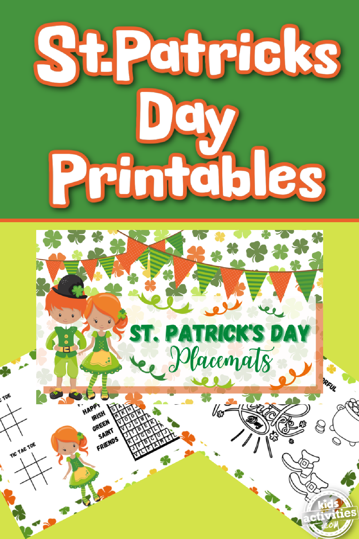 St. Patrick's Day Placemat Printables- 3 printables on a green and orange background - Kids Activities Blog