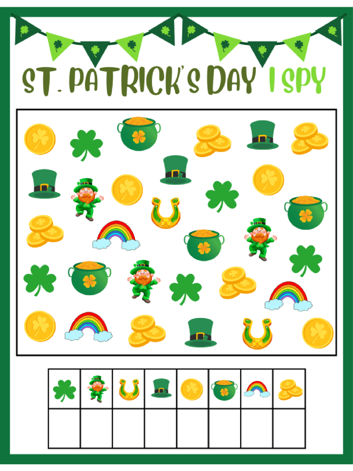 St. Patrick Day Printables- Green I Spy with text and images- Kids Activities Blog