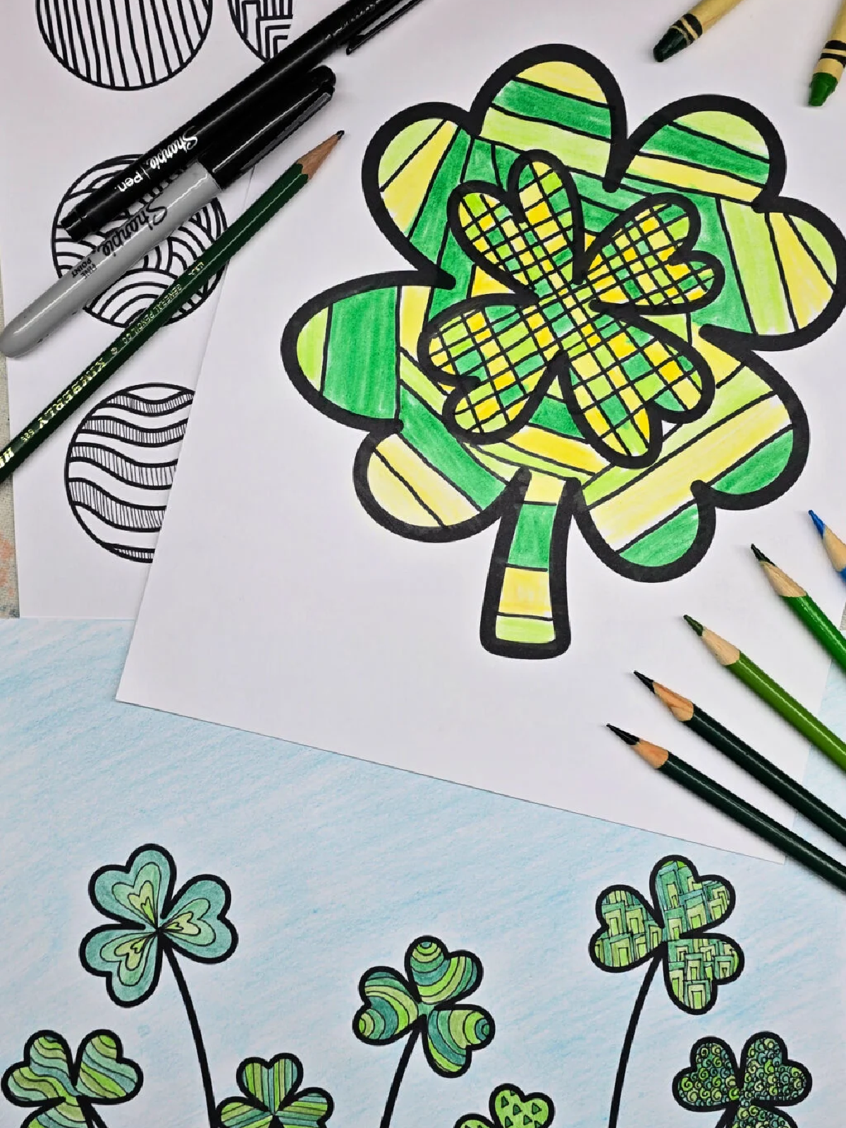 St. Patrick Day Printables- Shamrock green and yellow zentangle with coloring supplies- Kids Activities Blog