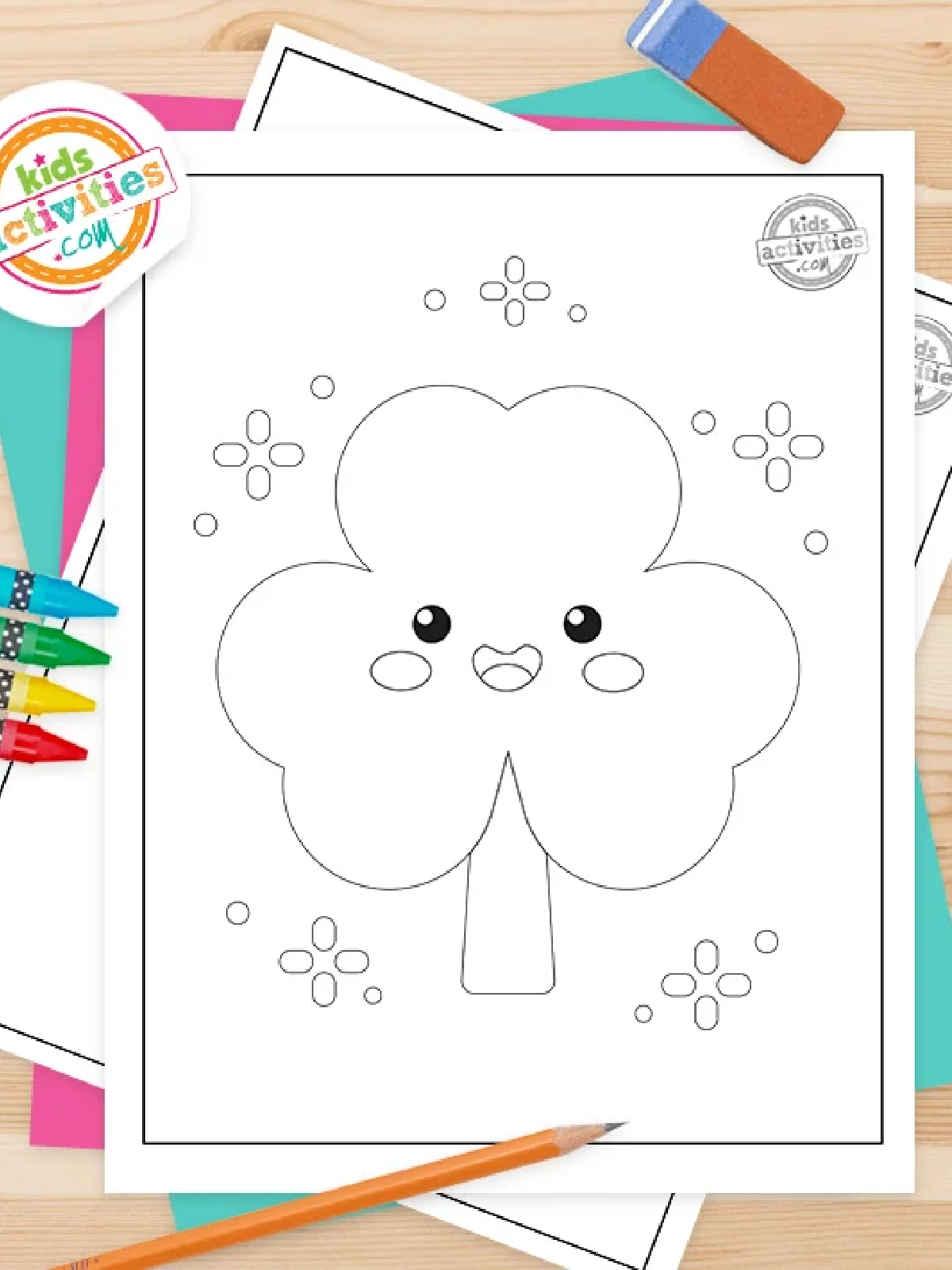 St. Patrick Day Printables- Smiling shamrock black and white- Kids Activities Blog