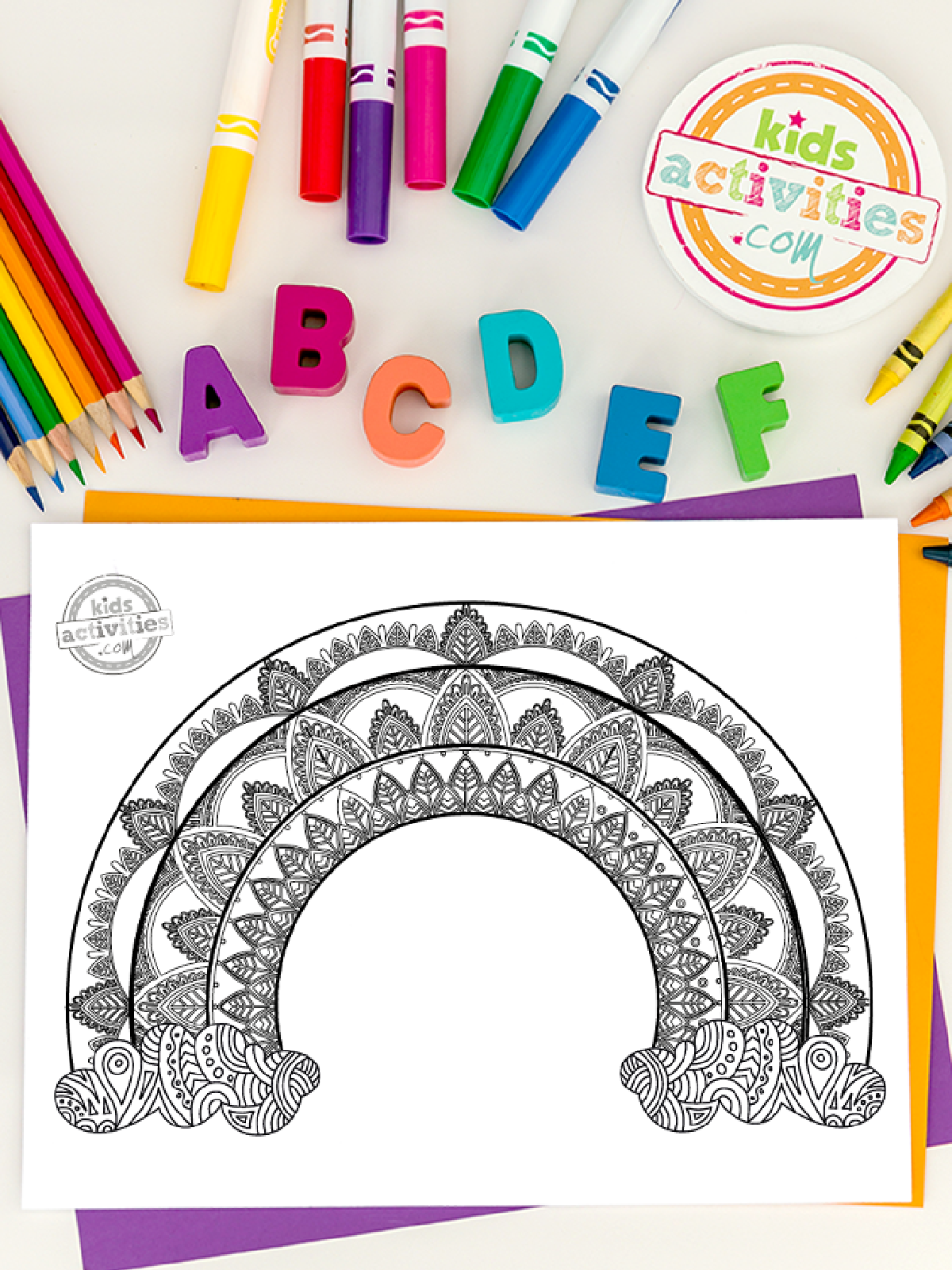 St. Patrick Day Printables- Rainbow zentangle black and white with coloring supplies- Kids Activities Blog