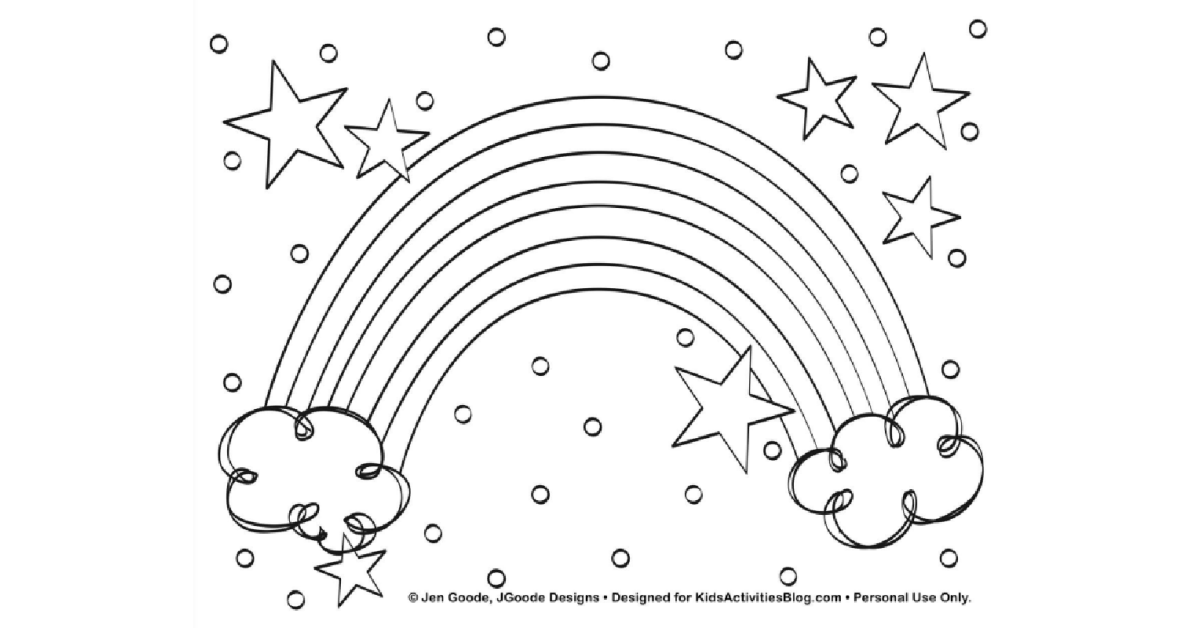 St. Patrick Day Printables- Black and white rainbow with stars and clouds - Kids Activities Blog