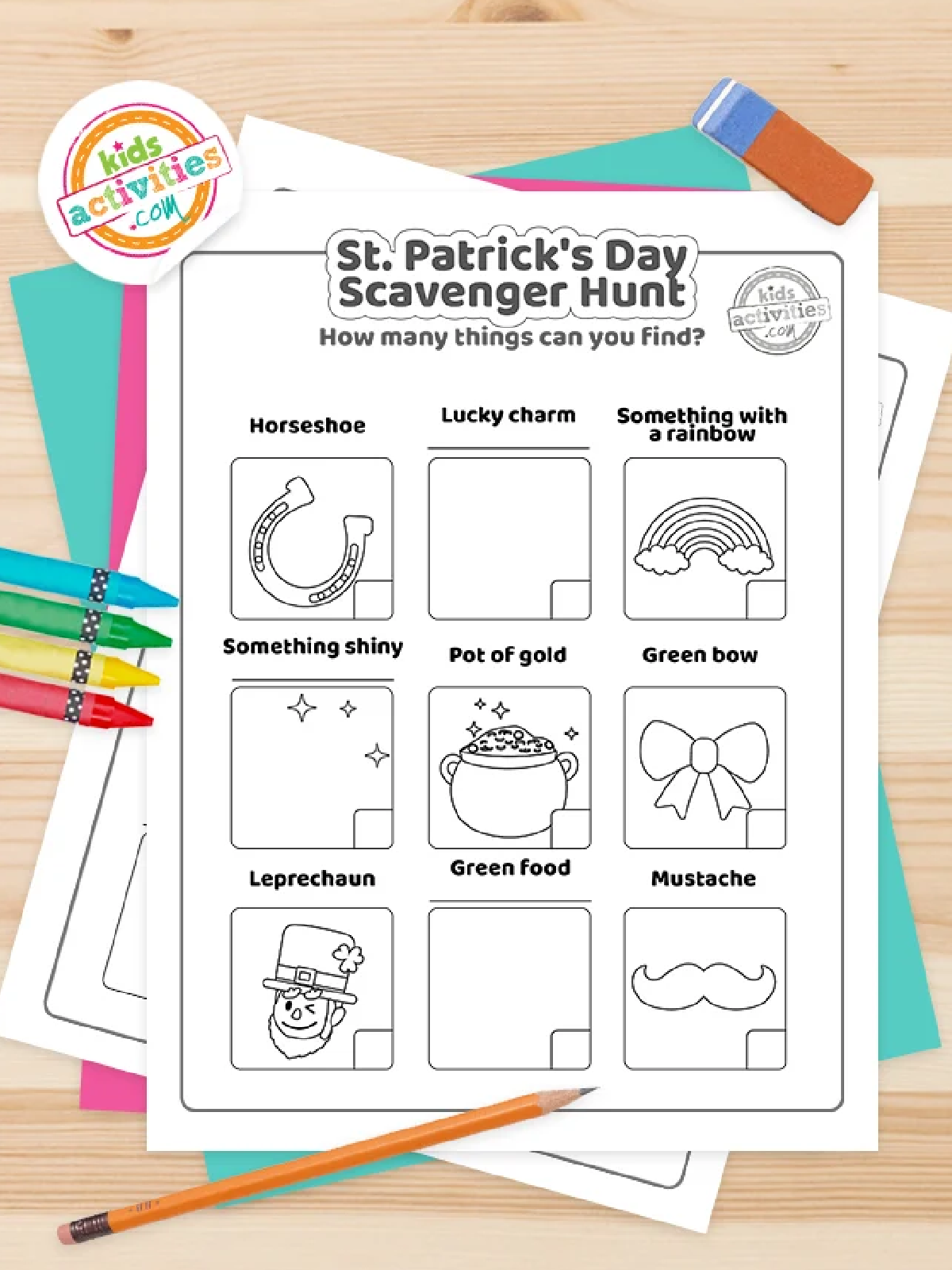St. Patrick Day Printables- black and white scavenger hunt with images and text and coloring supplies - Kids Activities Blog