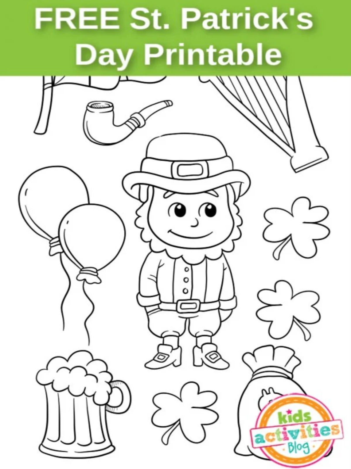 St. Patrick Day Printables- assorted holiday images leprechaun, balloons, shamrocks- Kids Activities Blog