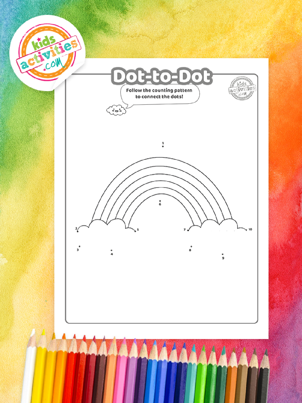 St. Patrick Day Printables- rainbow with clouds black and white dot to dot- Kids Activities Blog