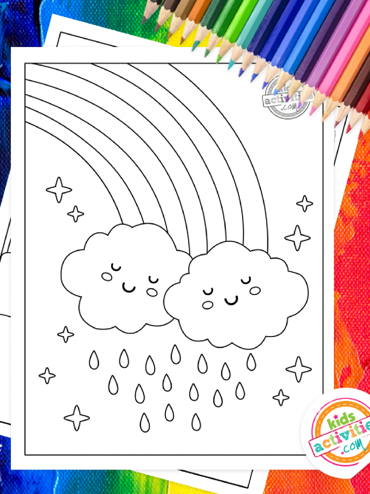 St. Patrick Day Printables- Black and white raining rainbow and clouds - Kids Activities Blog
