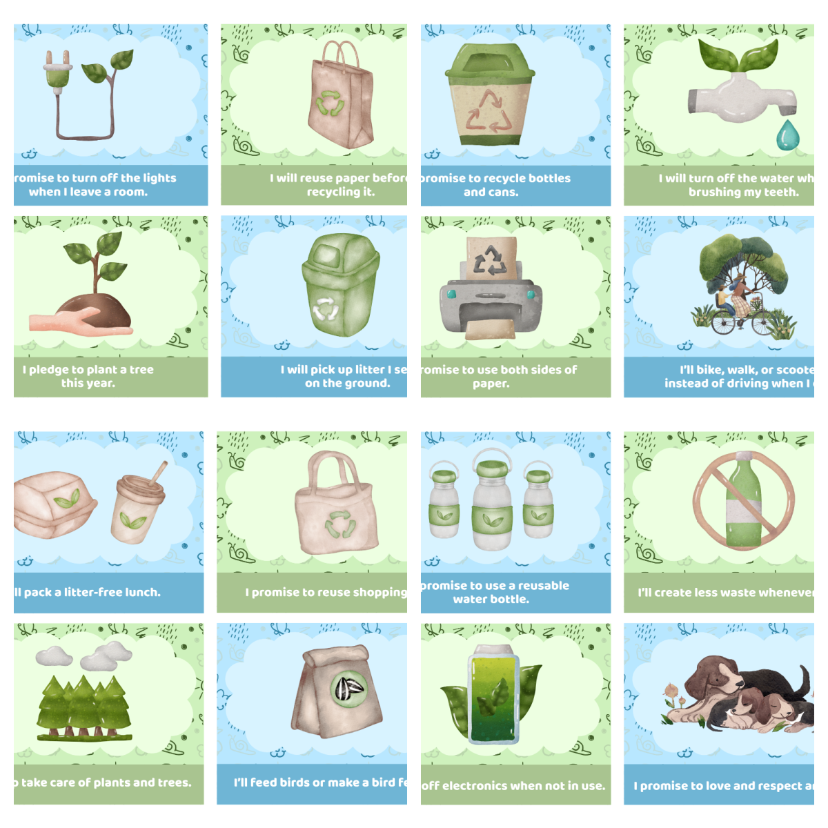 Earth Day Activities- green and blue pledge cards with text and images - kids activities blog