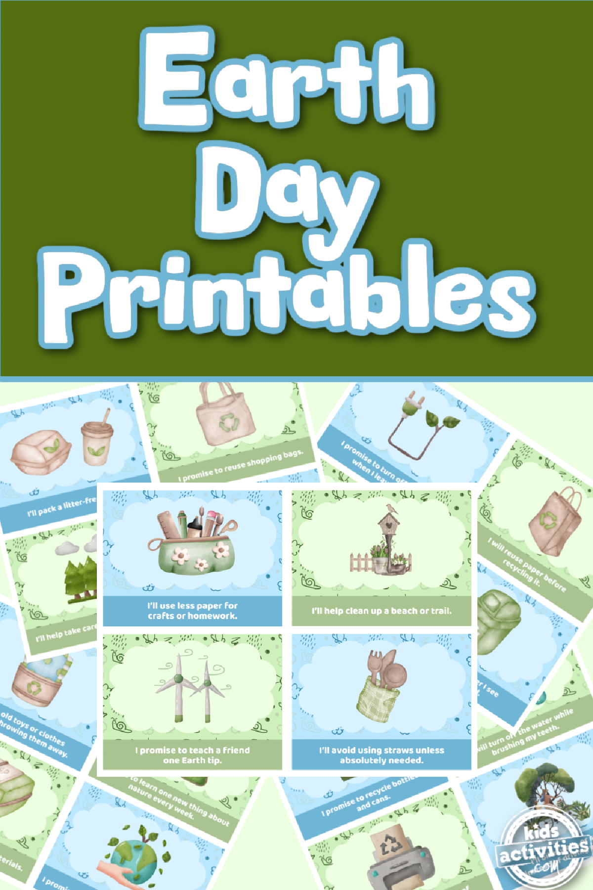 Earth Day Pledge- printable sheets with images on a green background - Kids Activities Blog