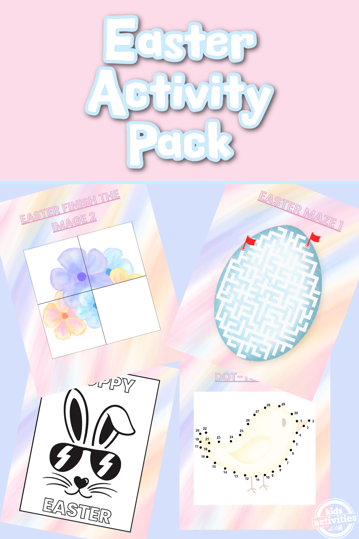 Easter Activity Book- 4 worksheets against a purple and pink background - Kids Activities Blog