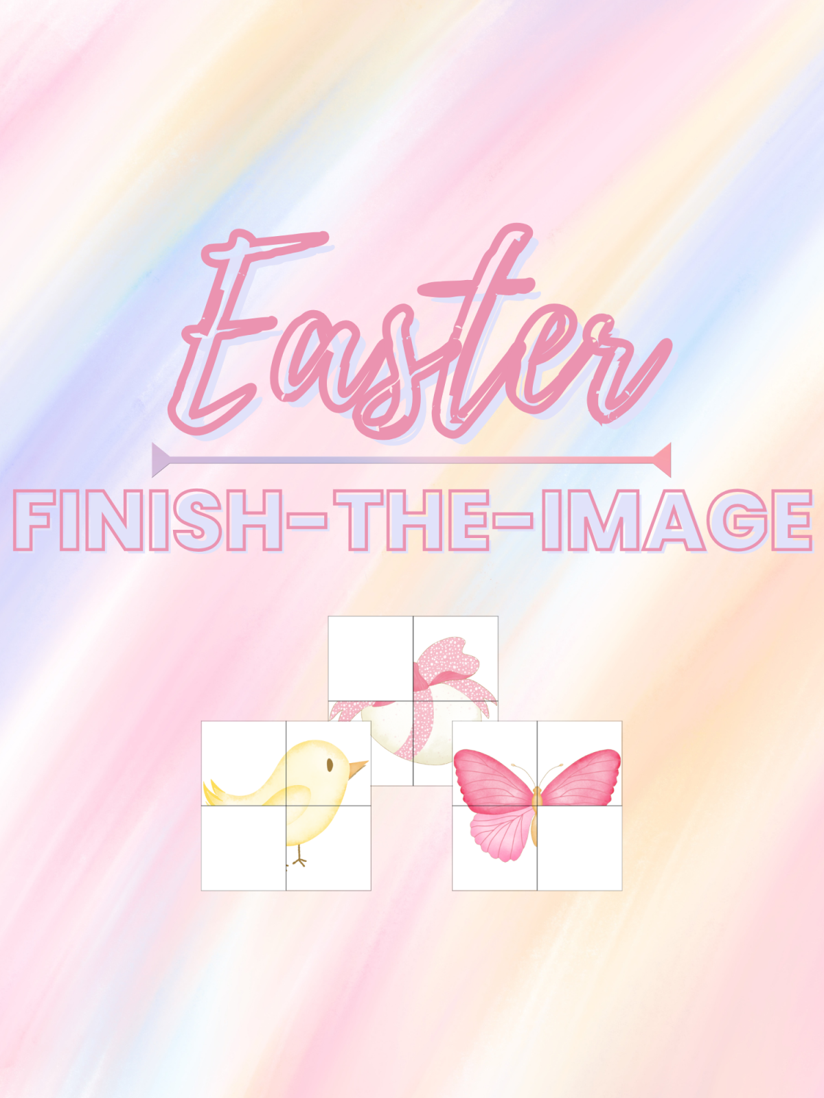 Easter Activity Book- text, rainbow background, 3 images unfinished- Kids Activities Blog