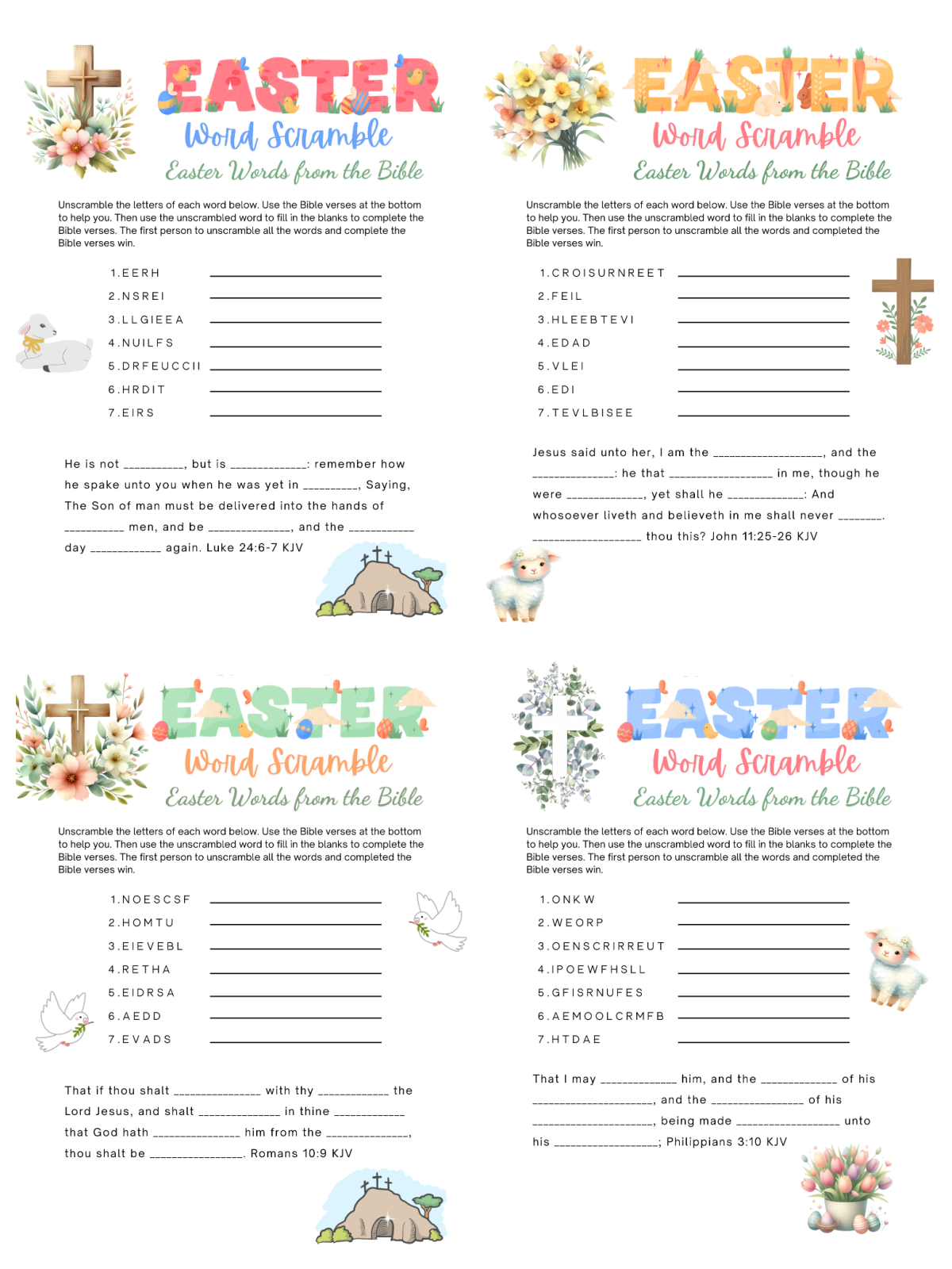 Easter word scramble, 4 printed pdf files with text, crosses and other Easter imagery like lambs, colors like purple, pink, green, yellow and other pastels- kids activities blog