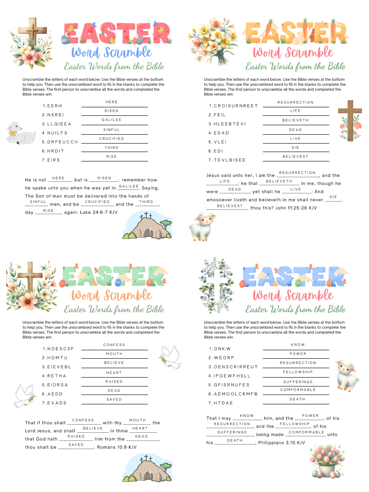Easter word scramble, Answer keys blanks filled in- 4 printed pdf files with text, crosses and other Easter imagery like lambs, colors like purple, pink, green, yellow and other pastels