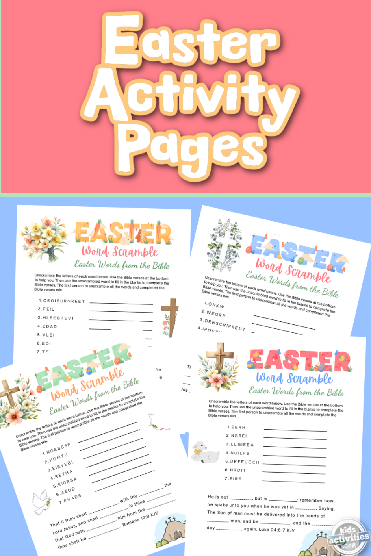 Easter Word Scramble printable on pink and blue background- kids activities blog