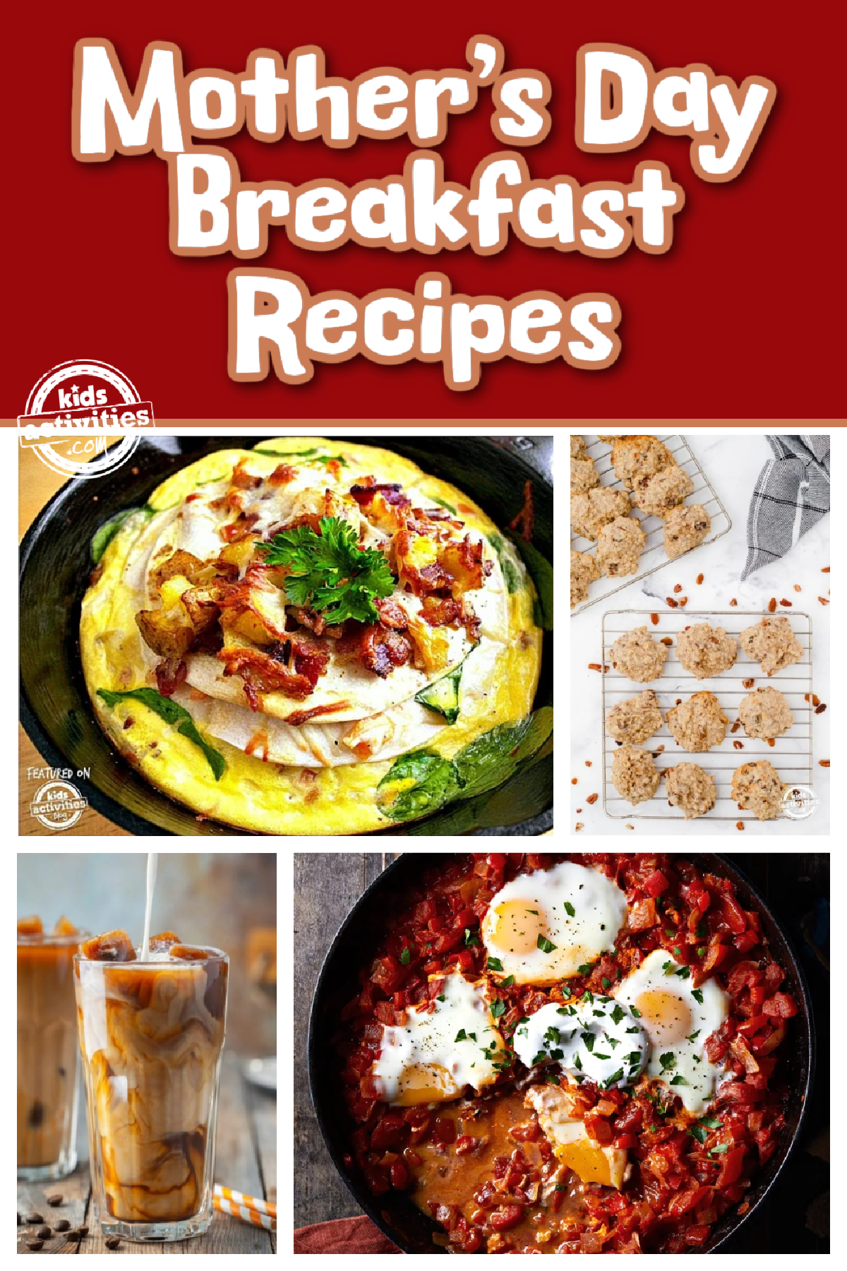 Mother's Day Breakfast Recipes- Text, red background, recipes for breakfast- Kids Activities Blog